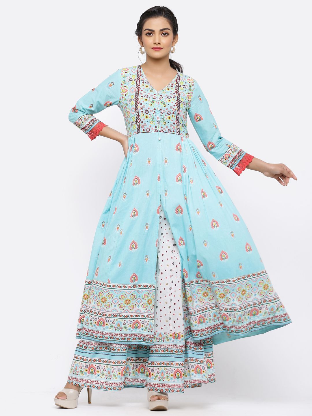 Women's Blue Cambric Printed Anarkali Kurta With Dupatta