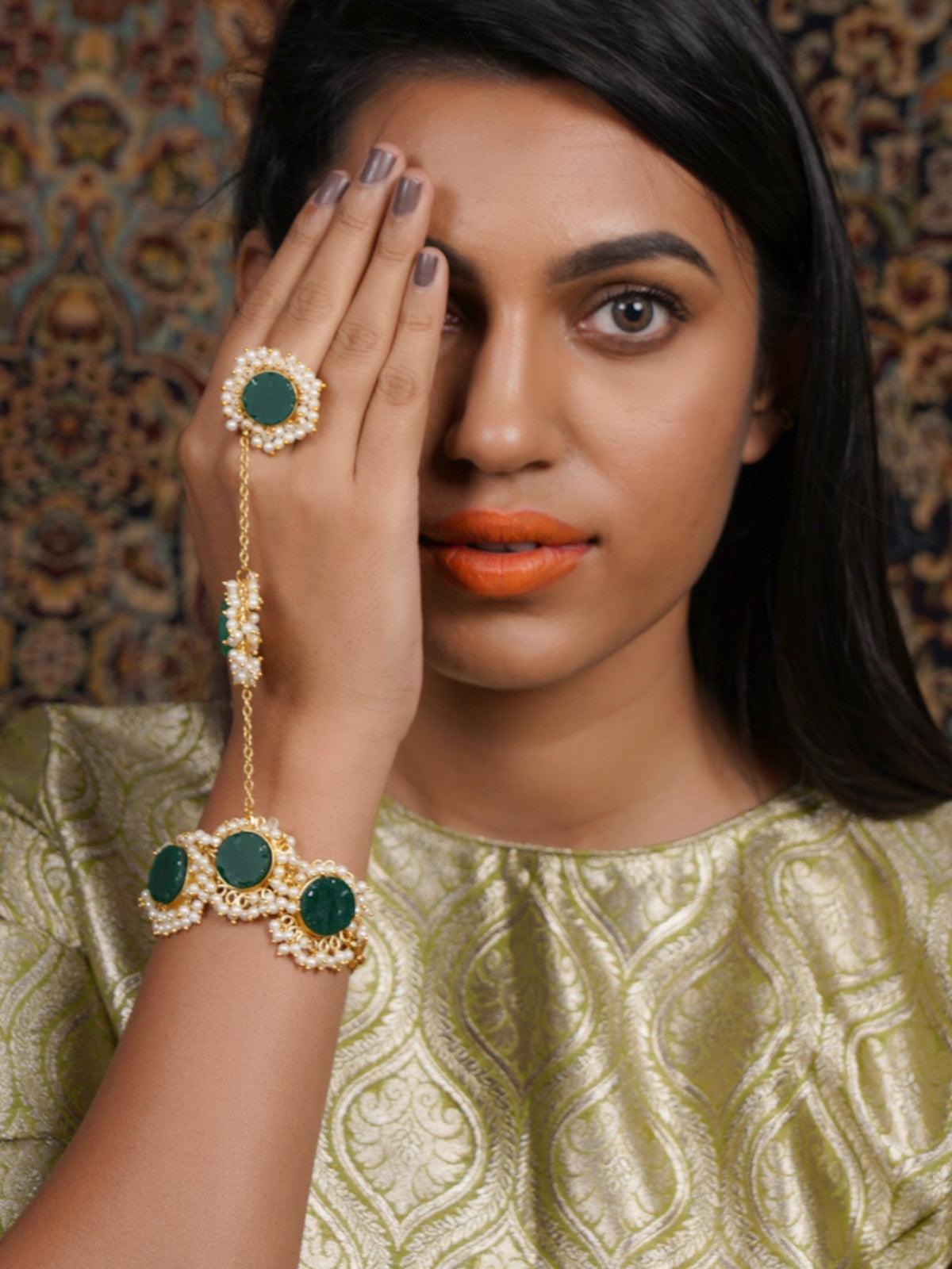 Women's Perfect Gold Tone Green Druzy-Pearl Bracele