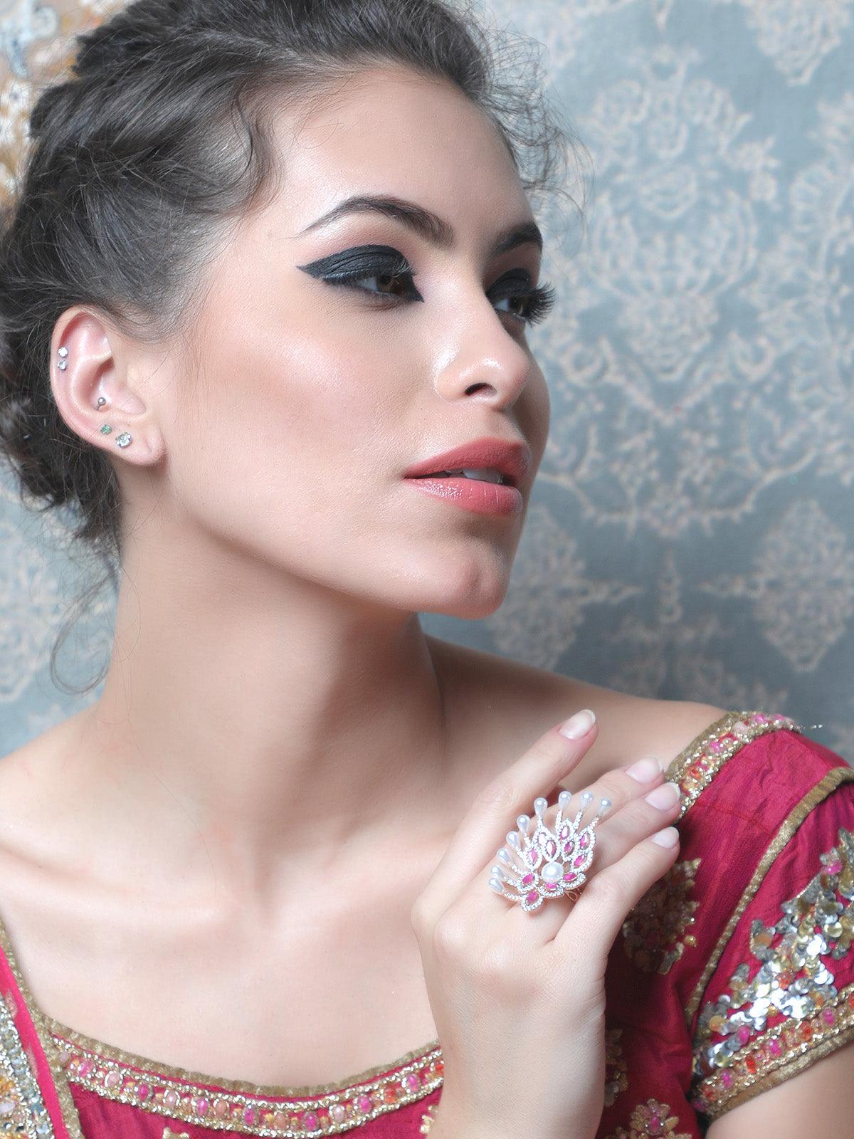 Women's Pink And White Embellished Rin