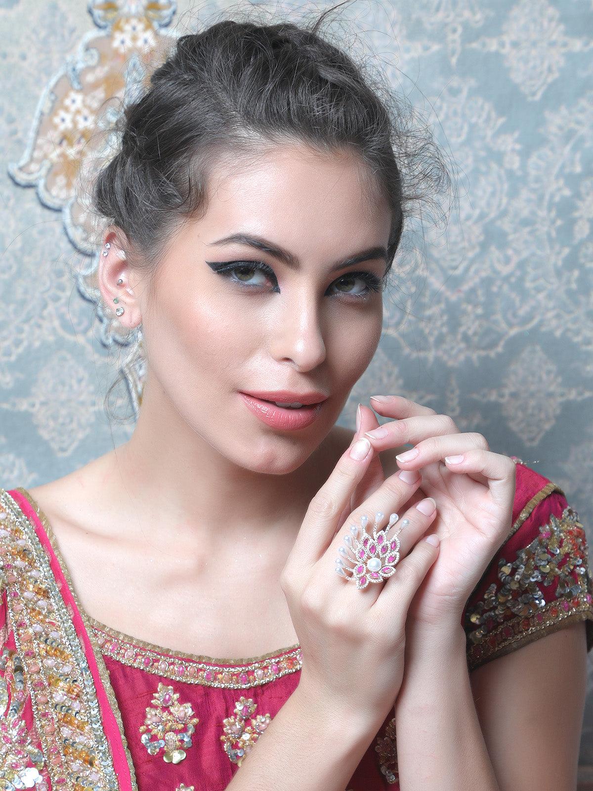 Women's Pink And White Embellished Rin