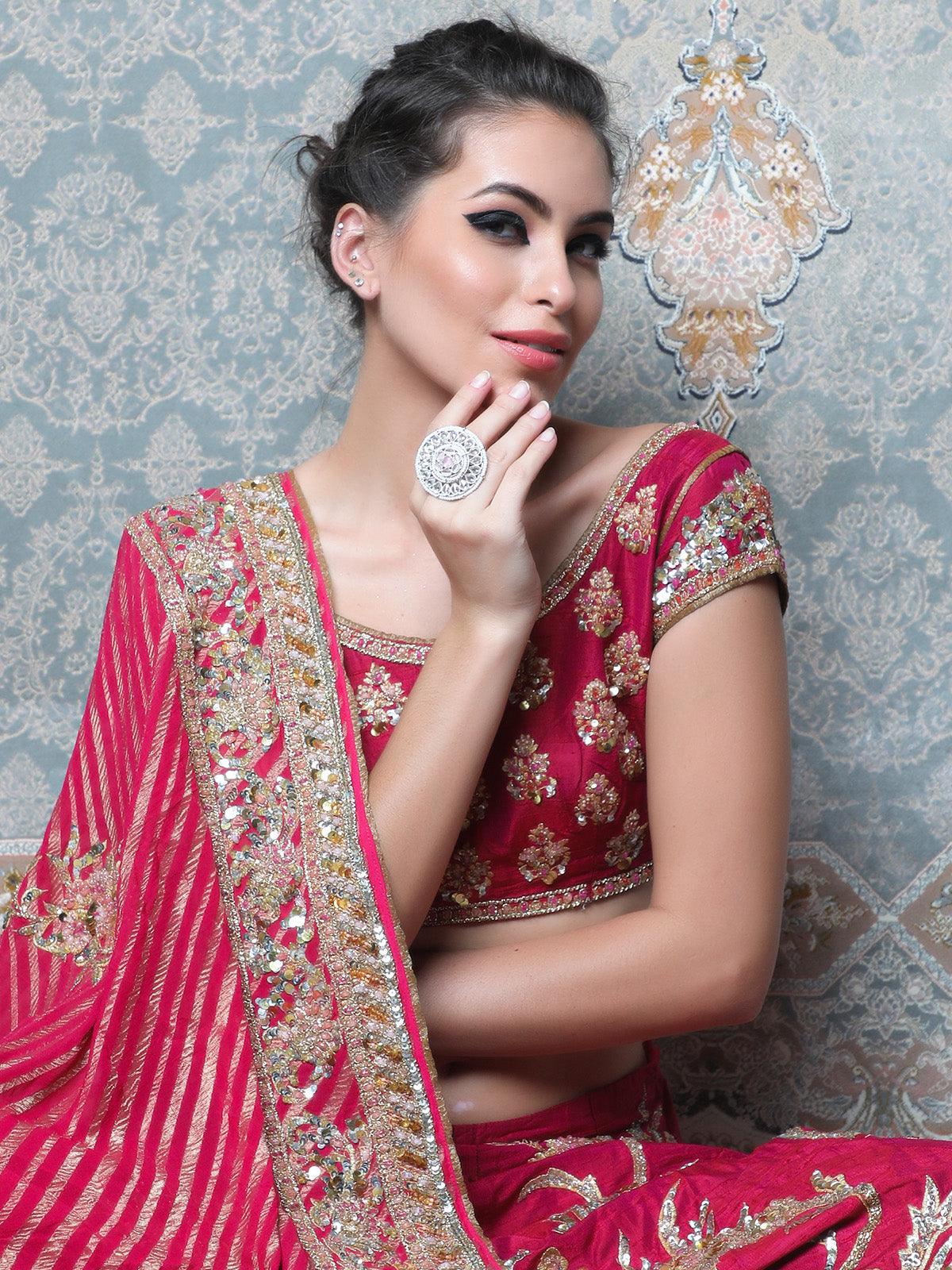 Women's Pretty White And Pink Embellished Finger Rin