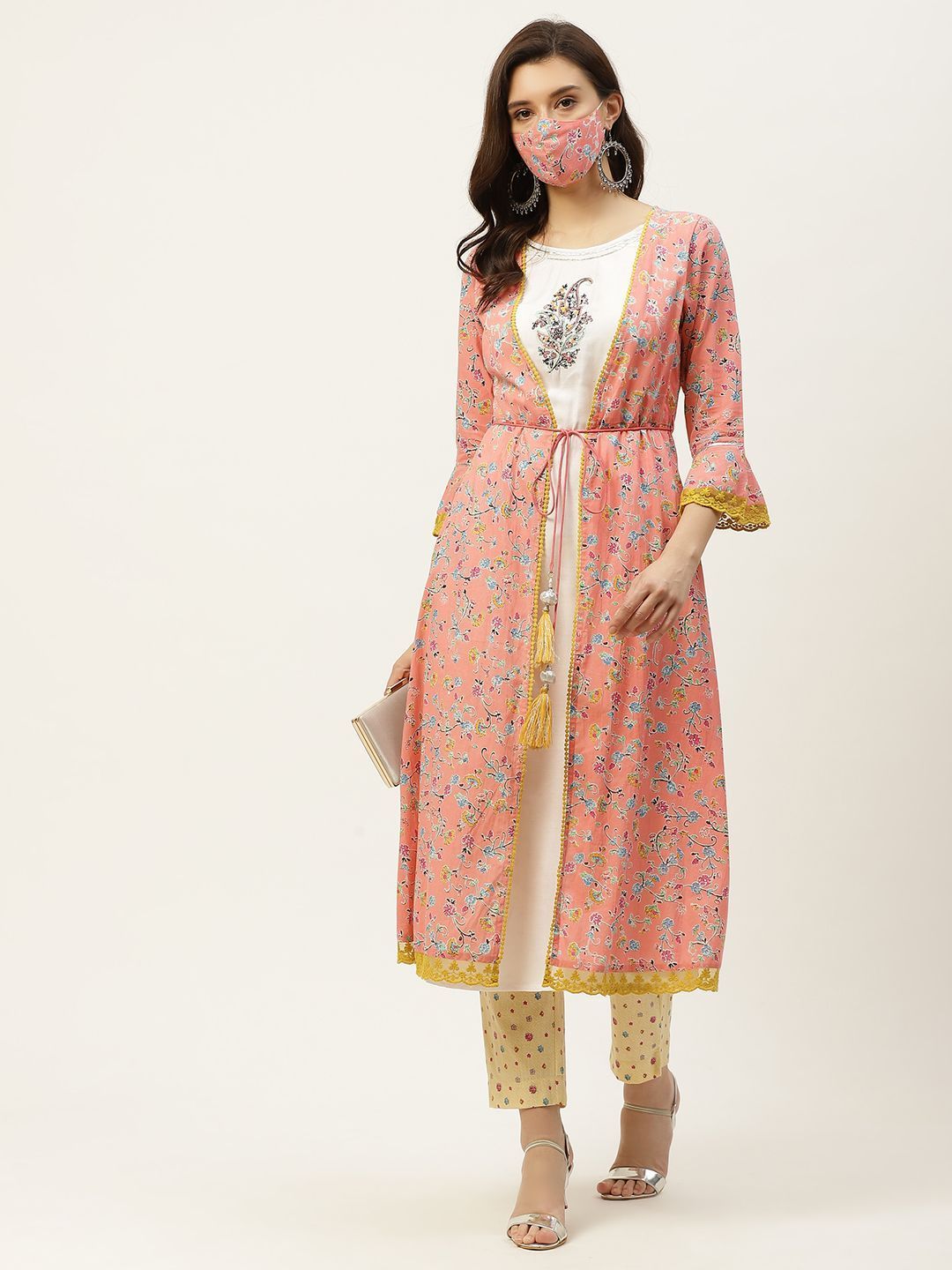 Women's Kurta with Floral Print Jacket and Mask