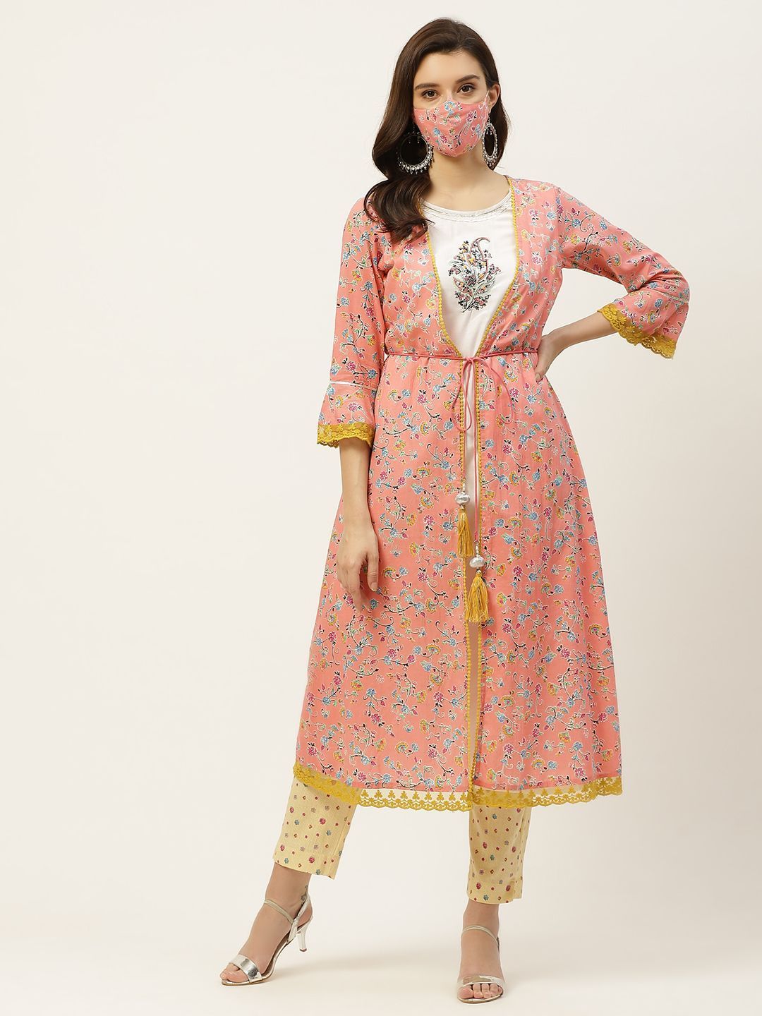 Women's Kurta with Floral Print Jacket and Mask