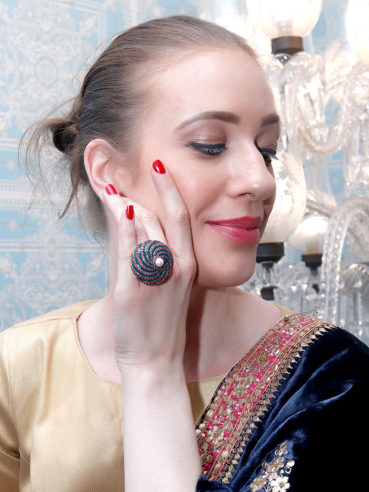 Women's Red And Green Diamonds Embellished Rin