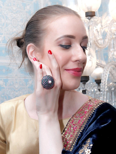 Women's Red And Green Diamonds Embellished Rin