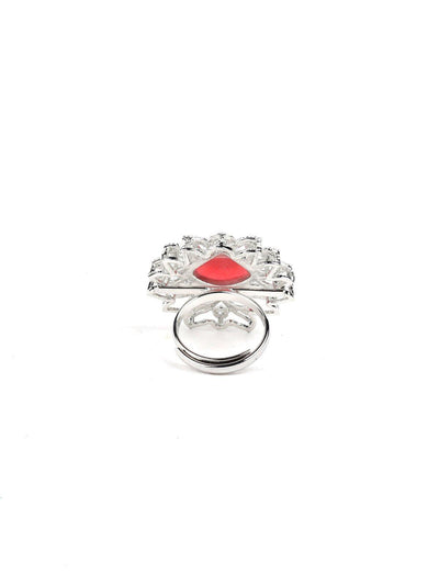 Women's Red Tear Drop Zirconia Stones Silver Rin