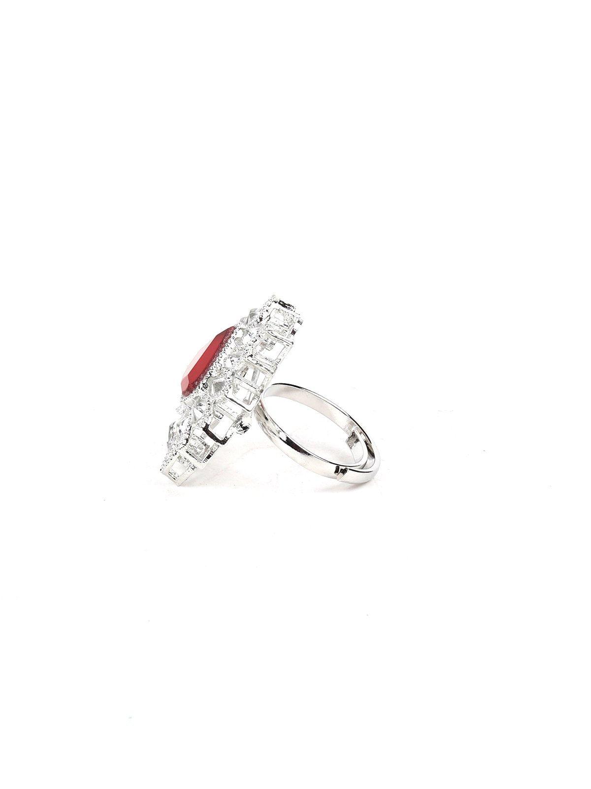Women's Red Tear Drop Zirconia Stones Silver Rin