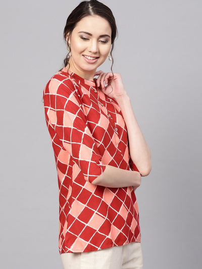 Women's Maroon Printed 3/4 Sleeve Coller Neck Rayon Casual Top