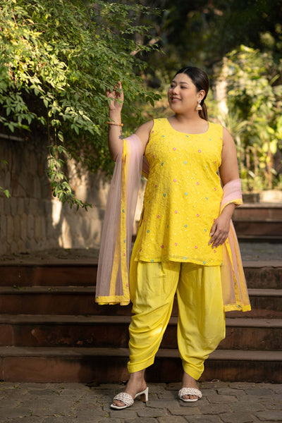 Women's Plus Size Yellow And Pink Patiala Set