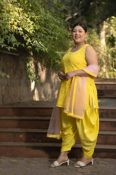 Women's Plus Size Yellow And Pink Patiala Set