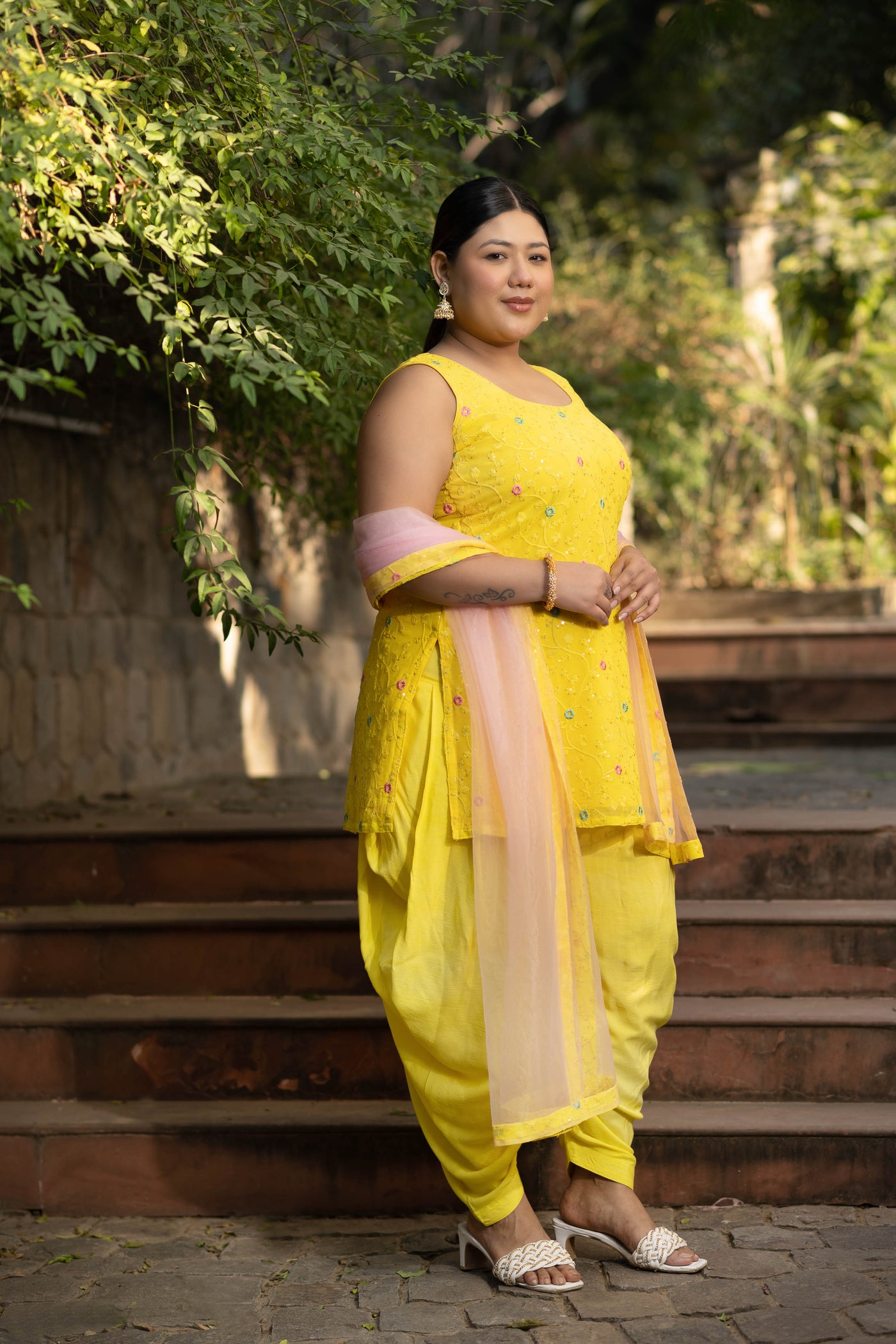 Women's Plus Size Yellow And Pink Patiala Set
