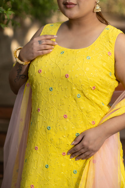 Women's Plus Size Yellow And Pink Patiala Set