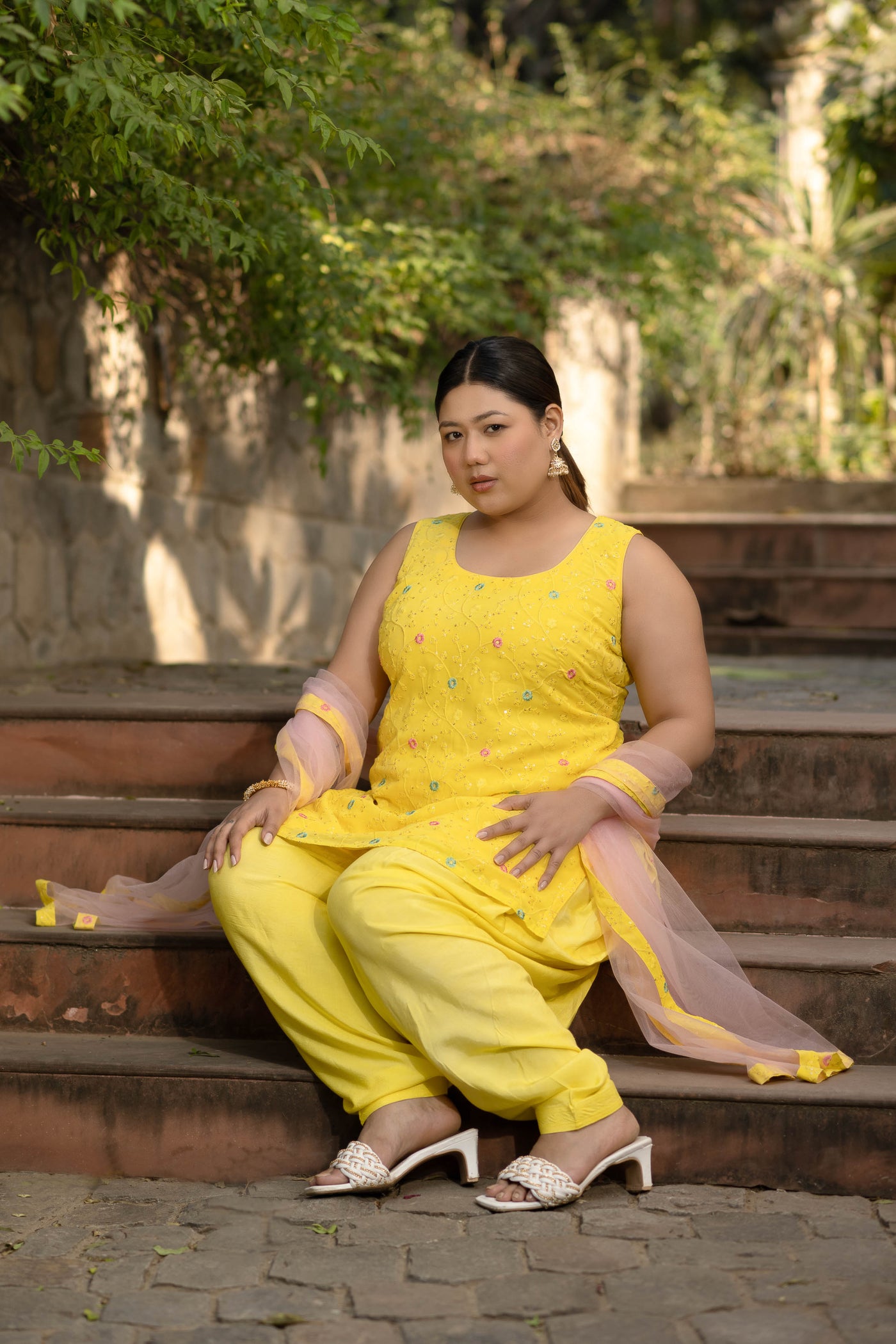 Women's Plus Size Yellow And Pink Patiala Set
