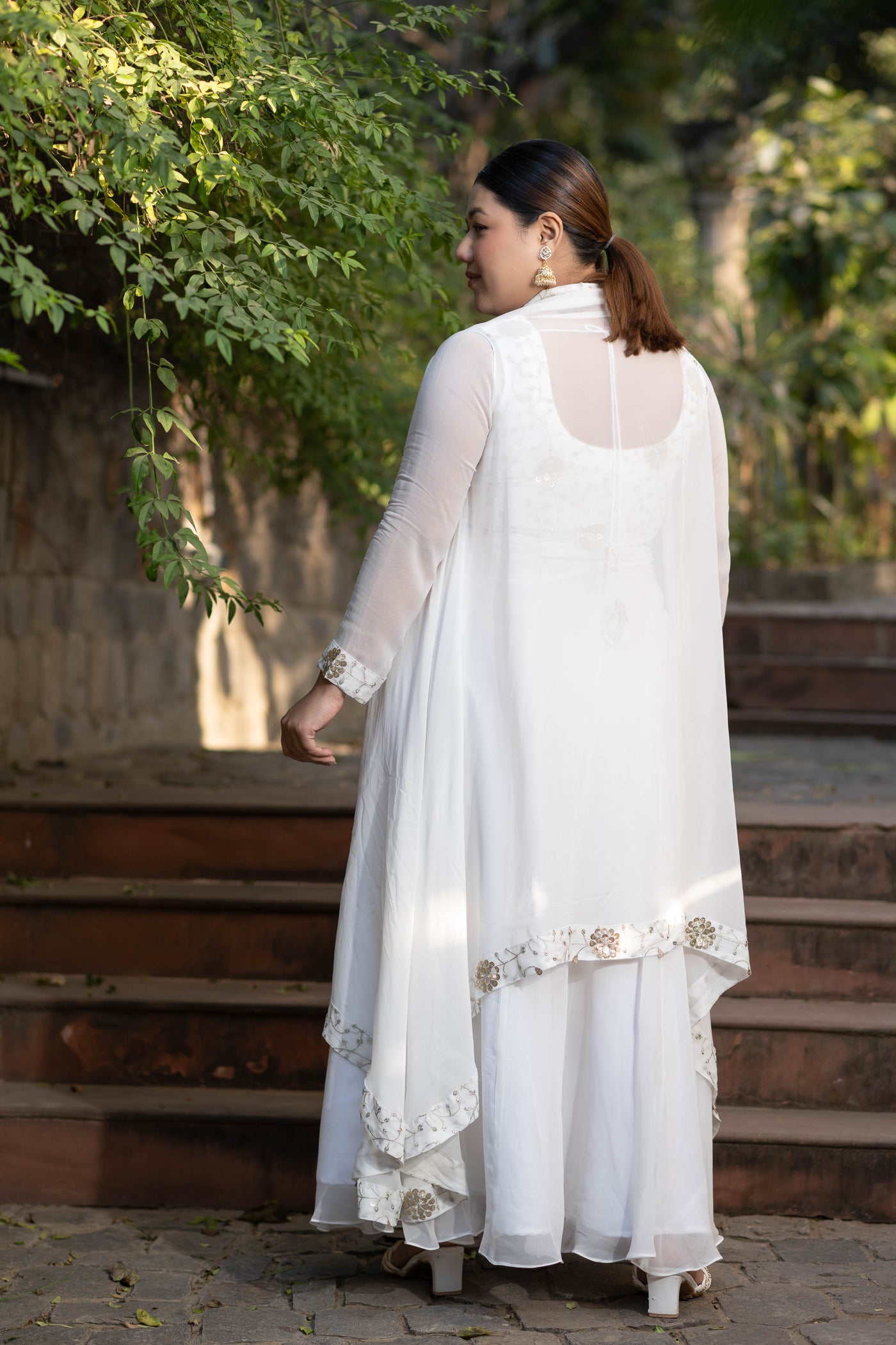 Women's Plus Size Off White Jacket Gown With Sequin And Zari Work ( Set Of 2)