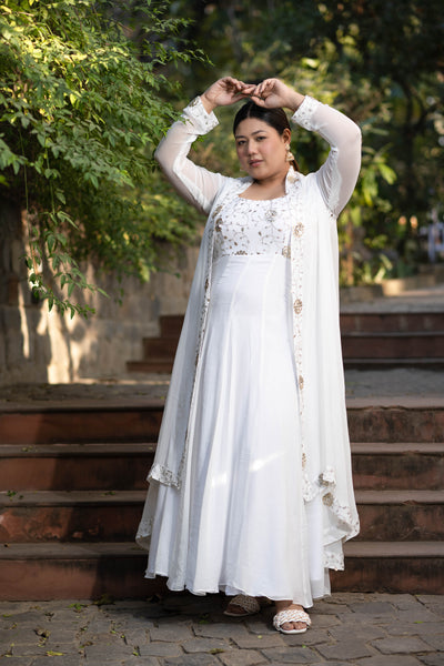 Women's Plus Size Off White Jacket Gown With Sequin And Zari Work ( Set Of 2)