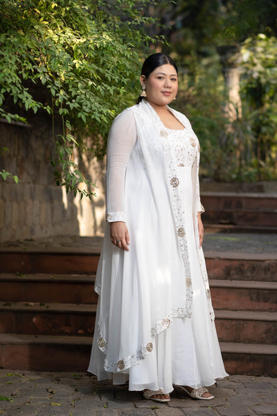Women's Plus Size Off White Jacket Gown With Sequin And Zari Work ( Set Of 2)