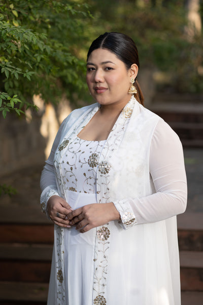 Women's Plus Size Off White Jacket Gown With Sequin And Zari Work ( Set Of 2)