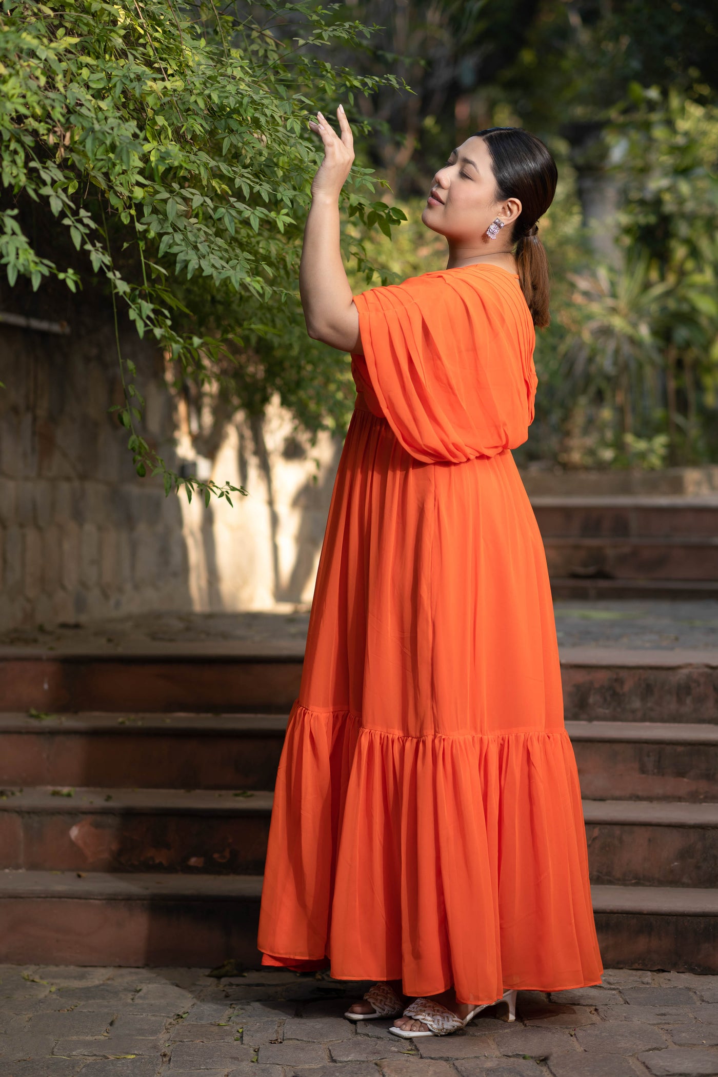 Women's Plus Size Orange Pleated Gown