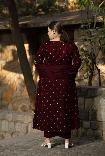 Women's Plus Size Maroon Velevet A Line Kurta Set