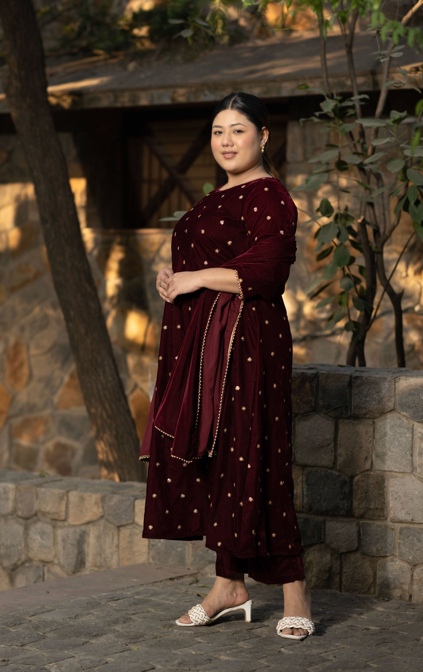 Women's Plus Size Maroon Velevet A Line Kurta Set
