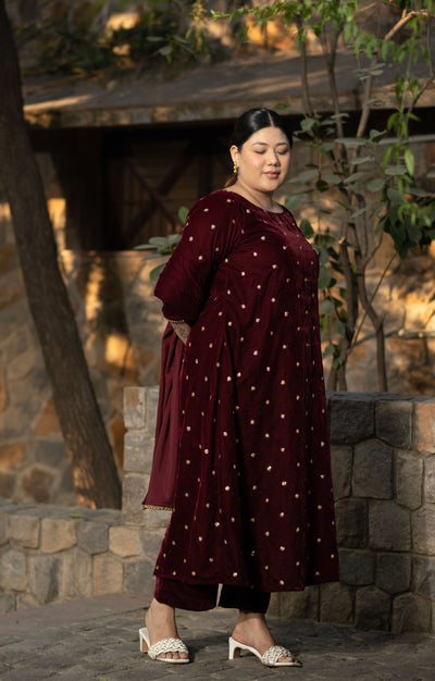Women's Plus Size Maroon Velevet A Line Kurta Set