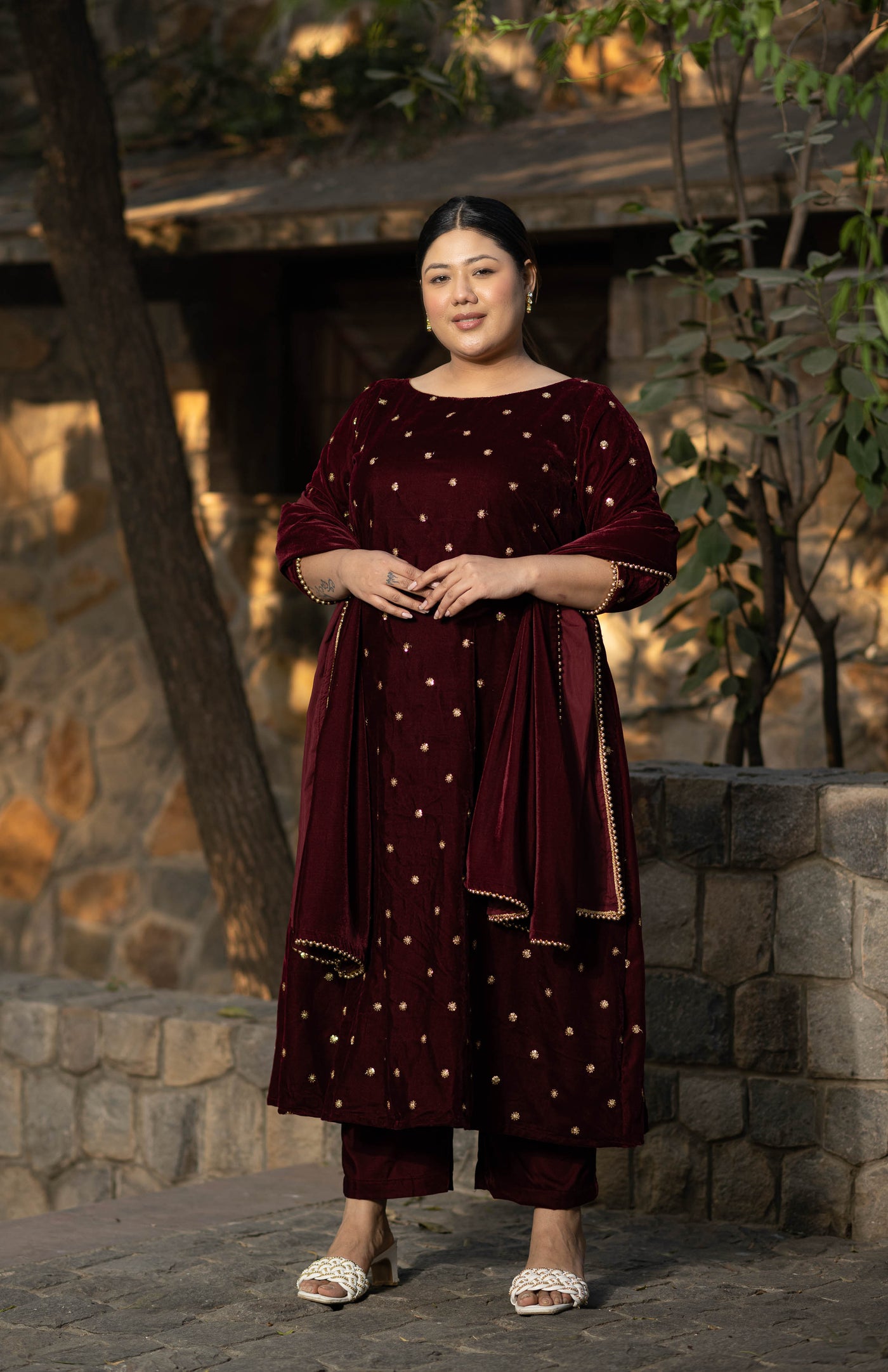 Women's Plus Size Maroon Velevet A Line Kurta Set