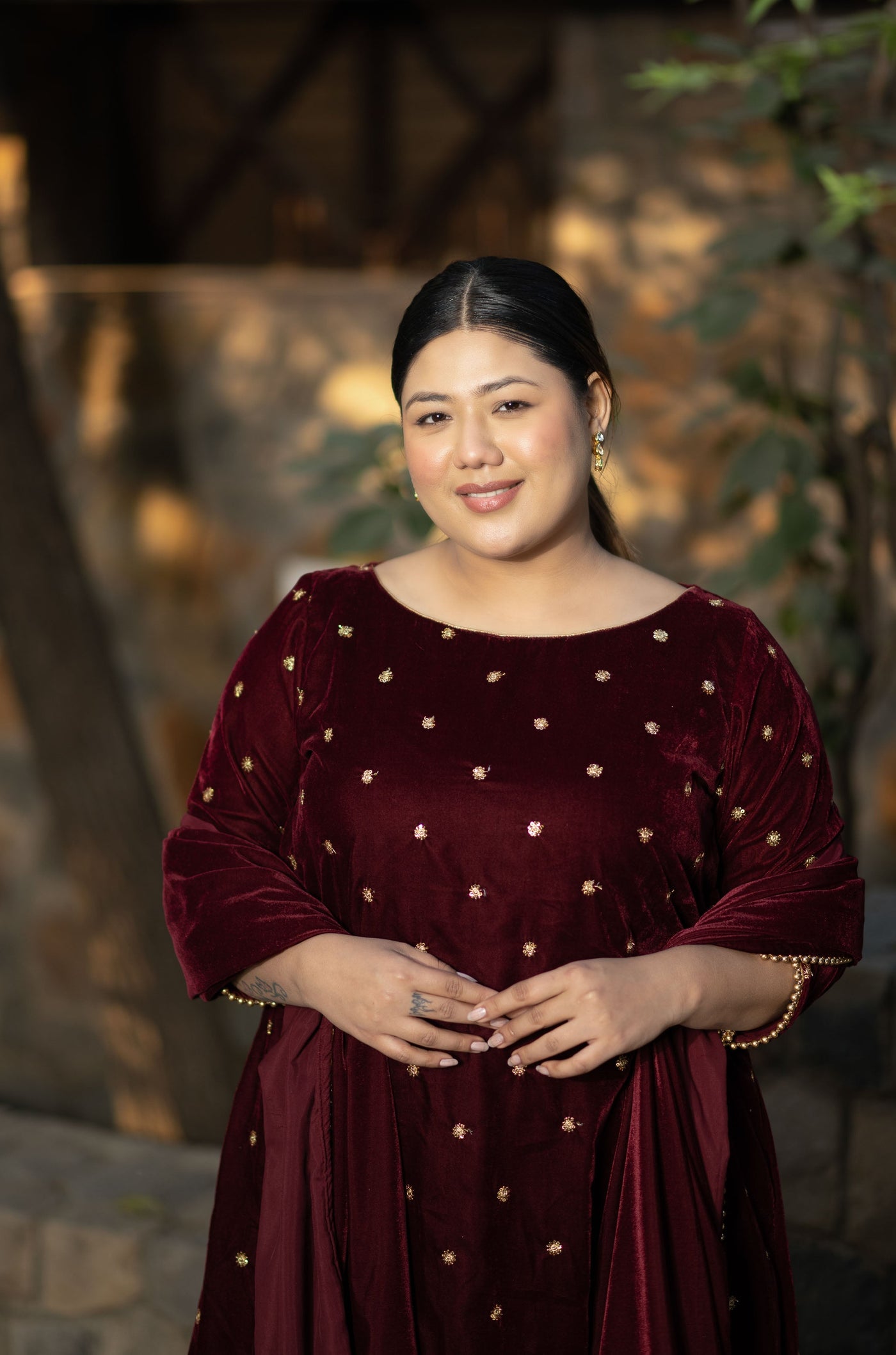 Women's Plus Size Maroon Velevet A Line Kurta Set