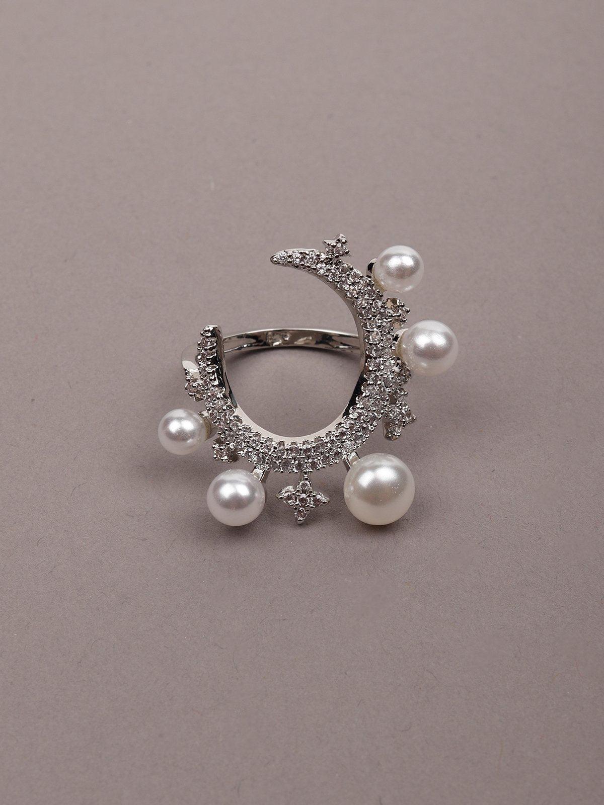 Women's Silver Tone Pearls & Crystal Rin