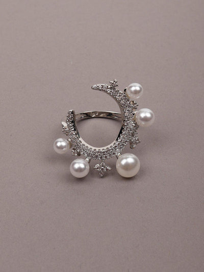Women's Silver Tone Pearls & Crystal Rin