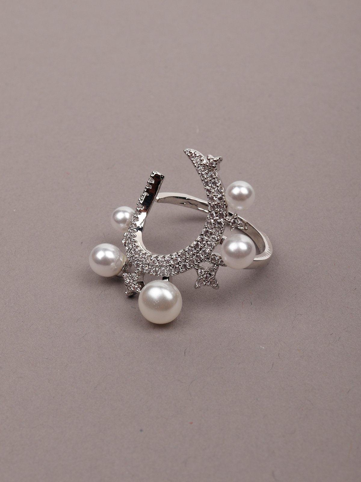 Women's Silver Tone Pearls & Crystal Rin
