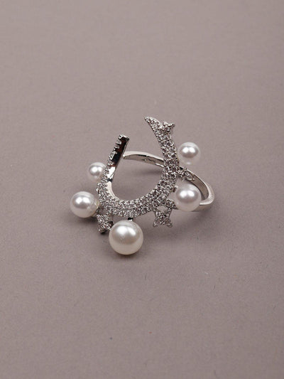 Women's Silver Tone Pearls & Crystal Rin