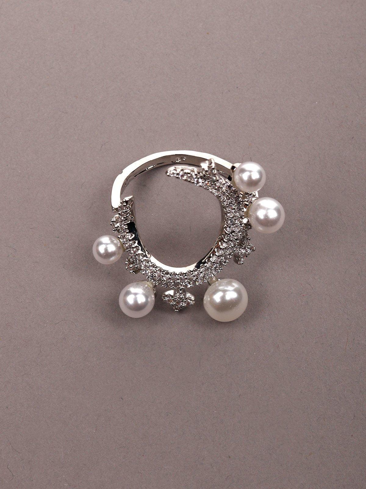Women's Silver Tone Pearls & Crystal Rin