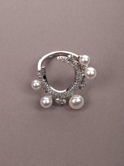Women's Silver Tone Pearls & Crystal Rin