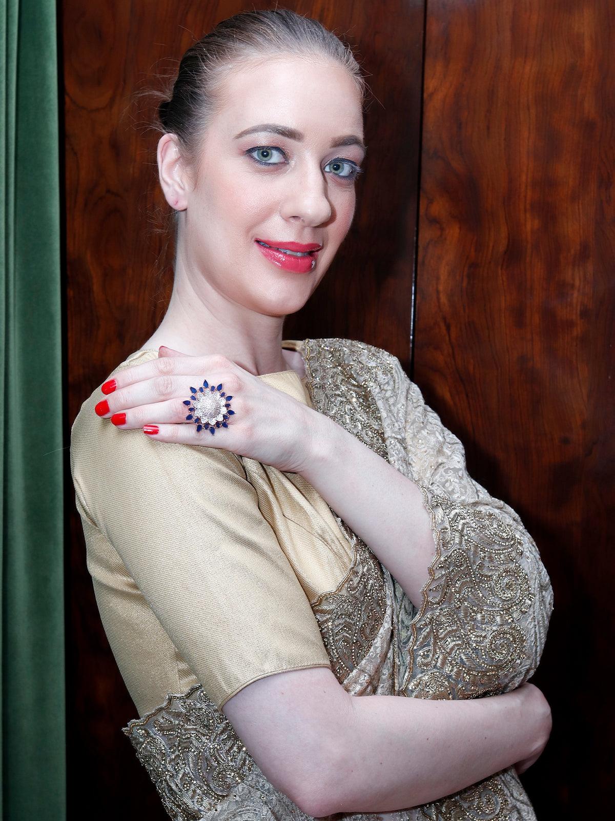 Women's Sparkling White And Blue Embellished Finger Rin