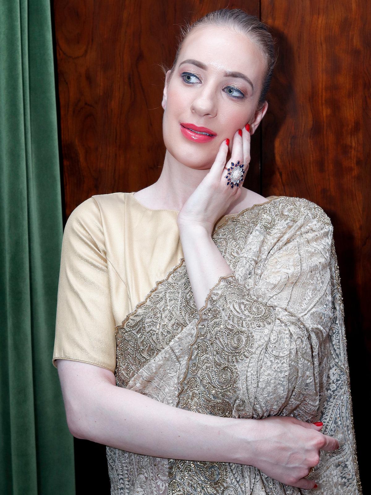 Women's Sparkling White And Blue Embellished Finger Rin