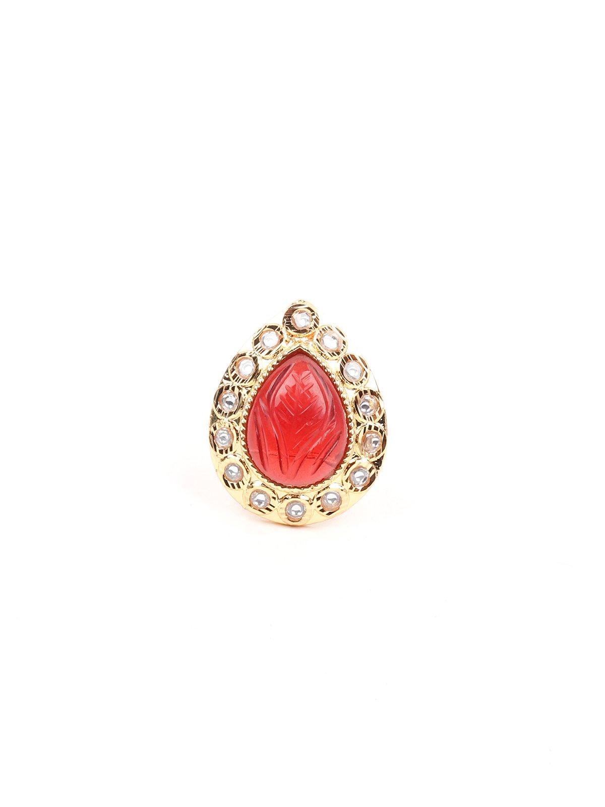 Women's Teardrop Red Stone Embellished Gold-Tone Rin
