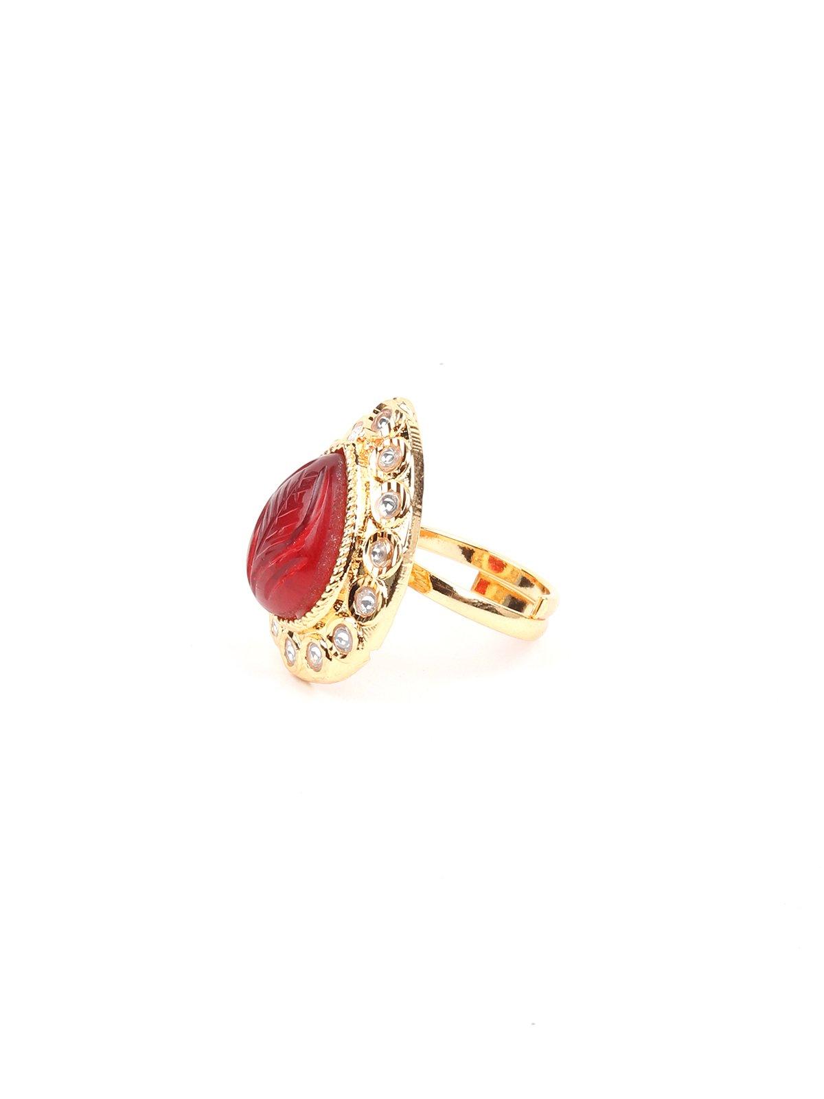 Women's Teardrop Red Stone Embellished Gold-Tone Rin