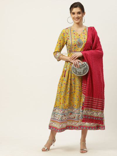 Women's Floral Printed Anarkali Dress & Dupatta Set