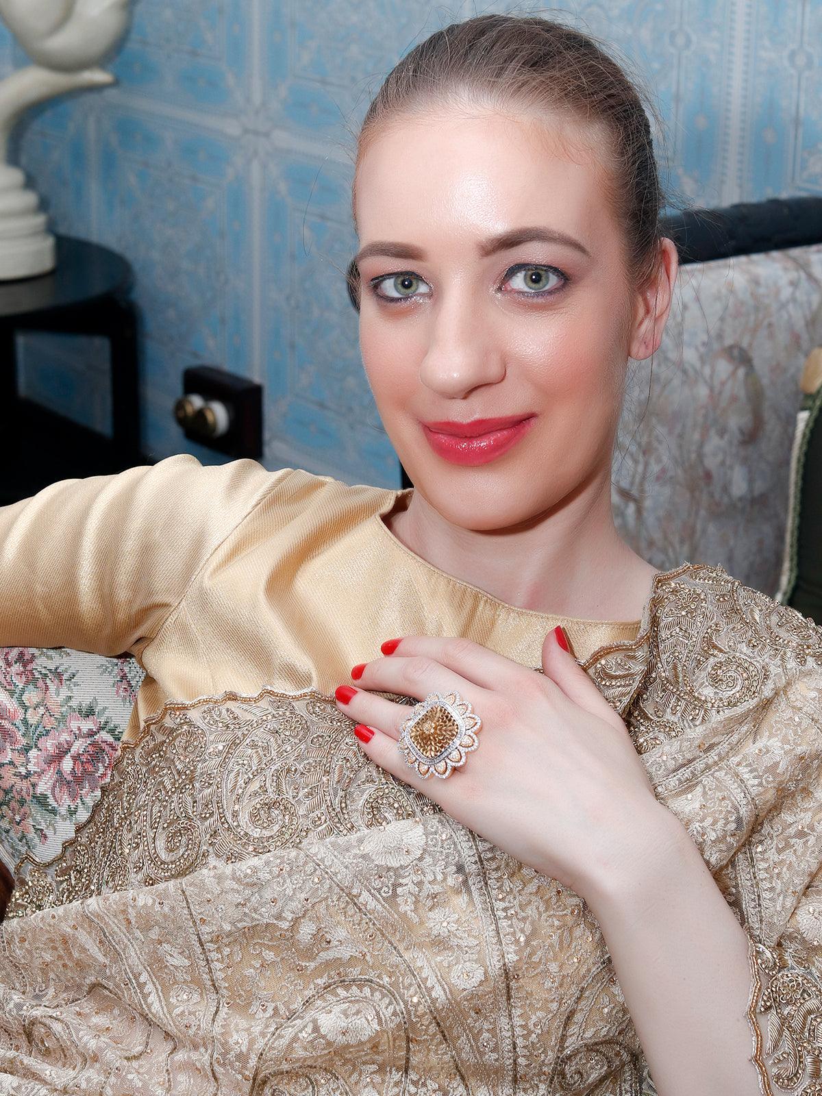 Women's Unique Austrian Diamond And Gold Studded Rin