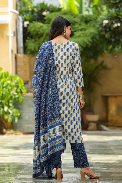 Women's Cotton Blend Printed Kurta Pant Dupatta Set