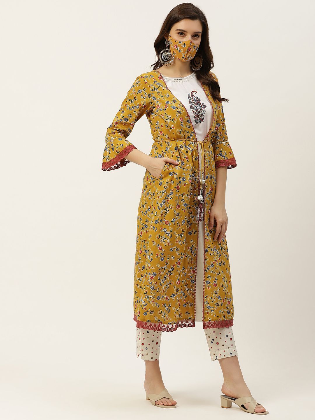 Women's Kurta with Floral Print Jacket and Mask