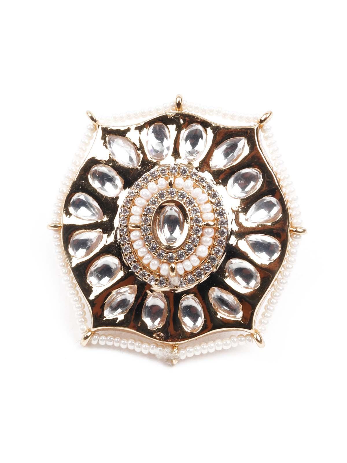 Women's White & Gold Pearl And Kundan Rin