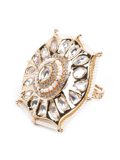 Women's White & Gold Pearl And Kundan Rin