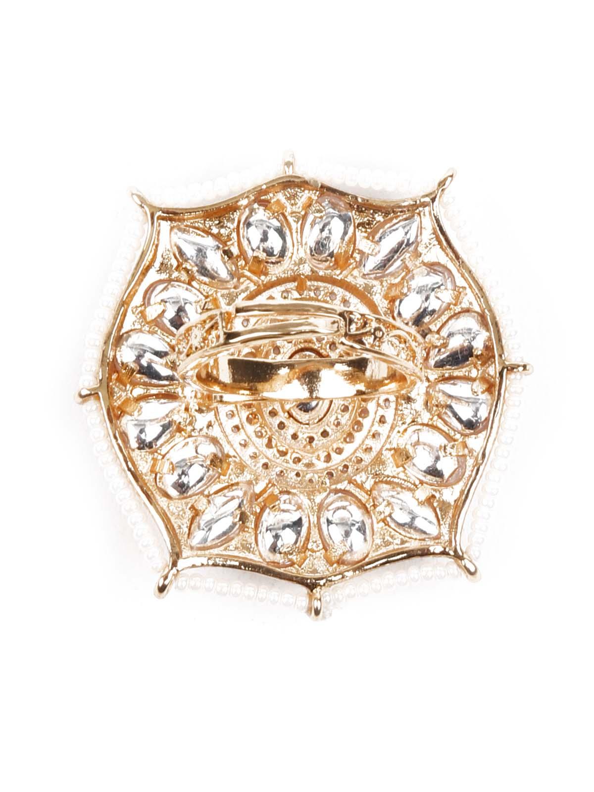 Women's White & Gold Pearl And Kundan Rin