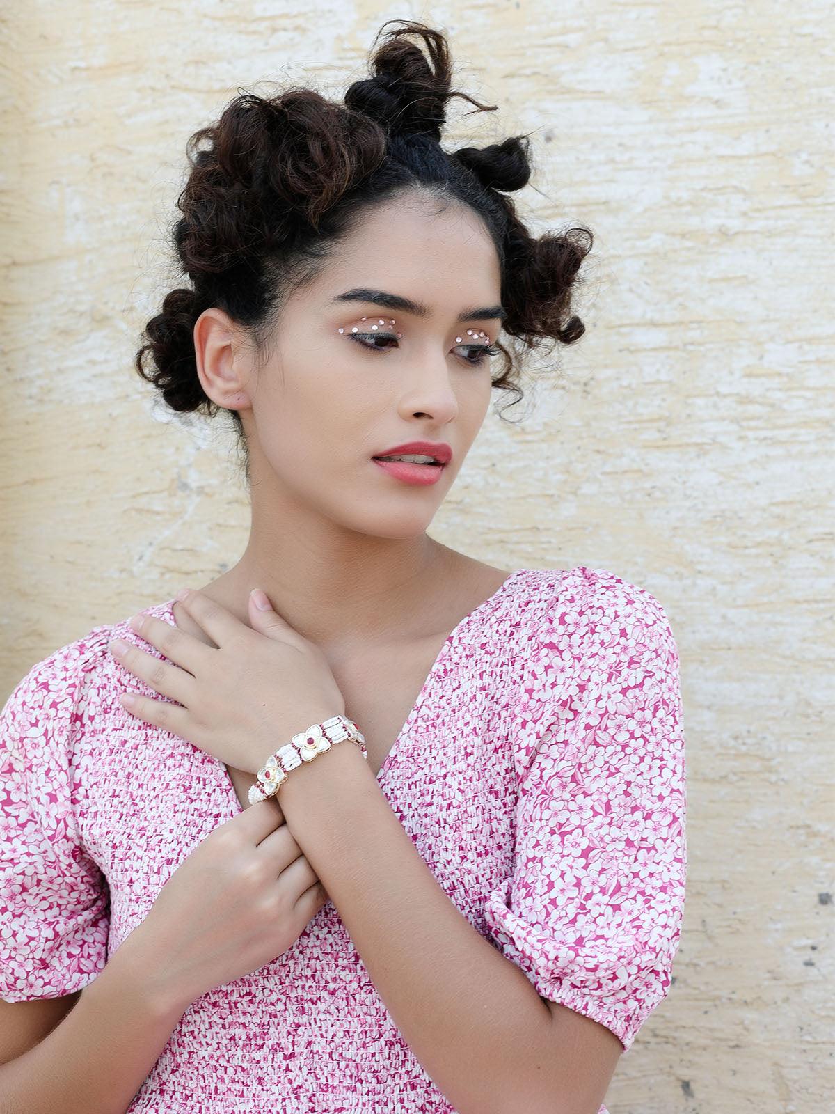 Women's White And Red Beaded Floral Bracele