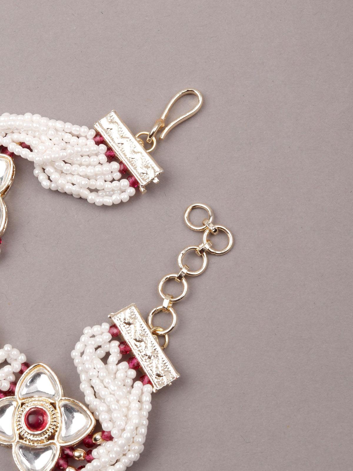 Women's White And Red Beaded Floral Bracele