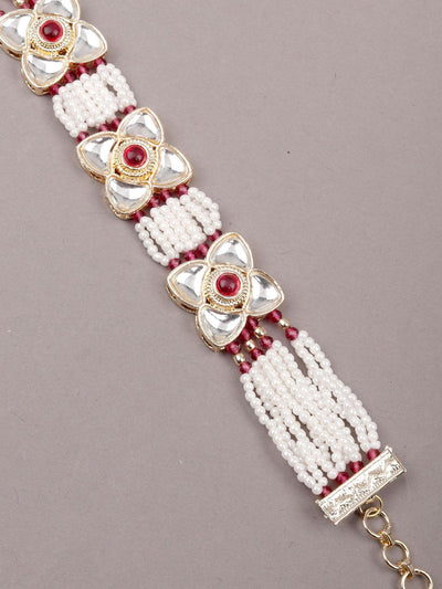 Women's White And Red Beaded Floral Bracele