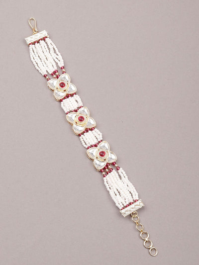 Women's White And Red Beaded Floral Bracele