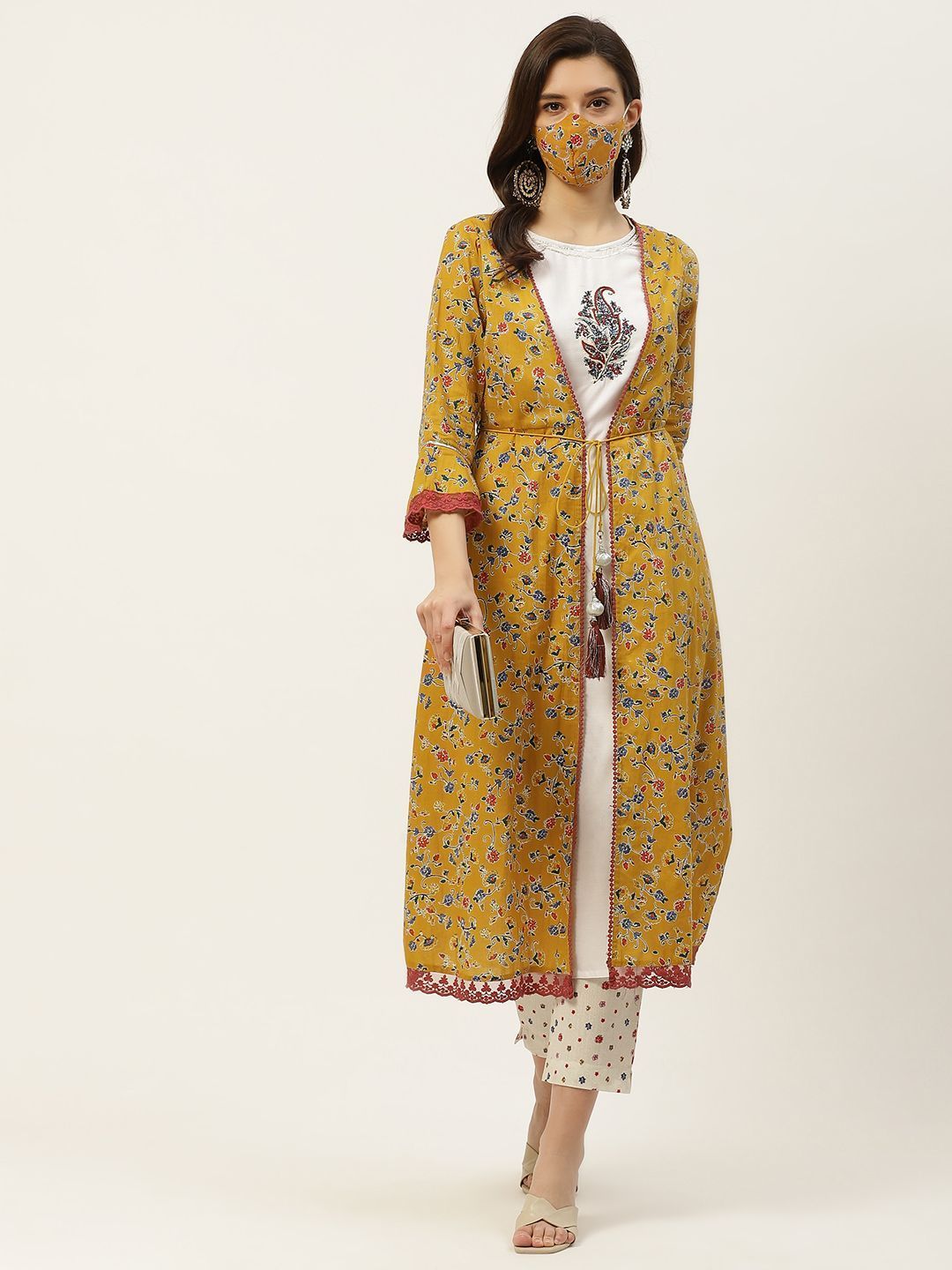 Women's Kurta with Floral Print Jacket and Mask