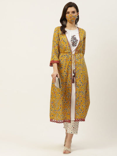 Women's Kurta with Floral Print Jacket and Mask